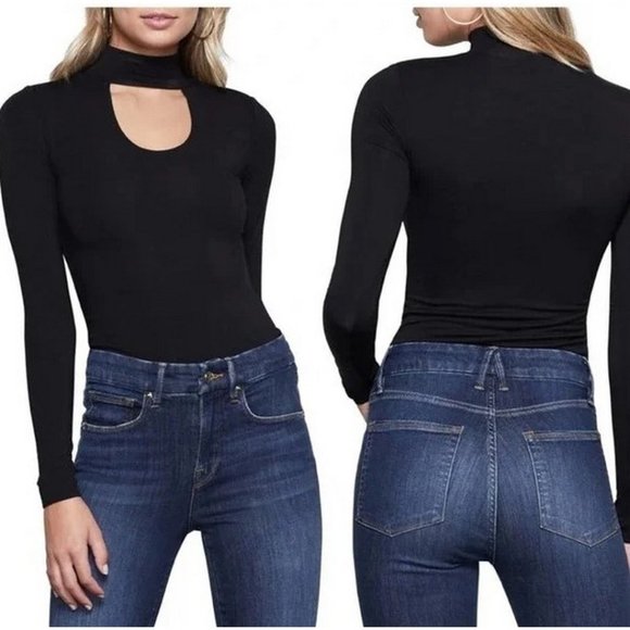 Good American | Long Sleeve Choker Keyhole Neck Top Size 2 Black Pullover - Picture 1 of 10